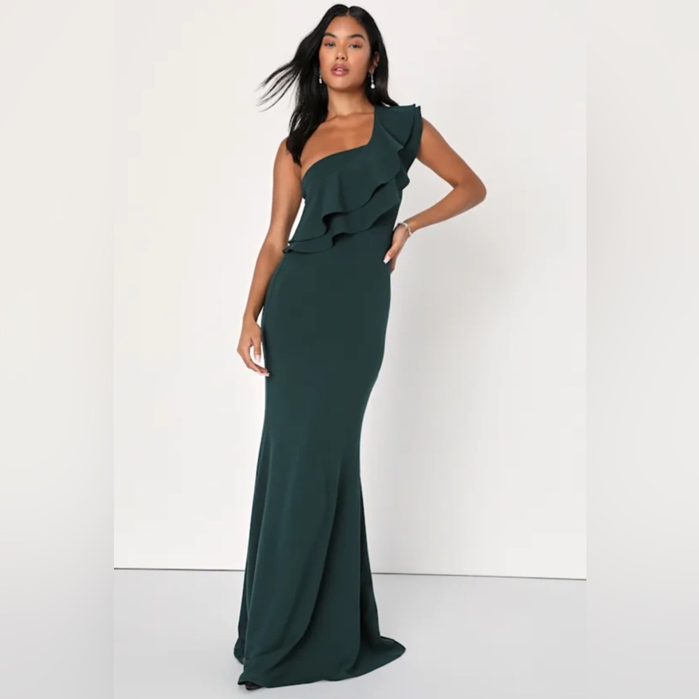 Grand Beauty Emerald Ruffled One-Shoulder Mermaid Maxi Dress sz S NWT